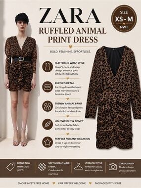 ZARA Brown Leopard Print Ruffle Mini Dress Wrap V Neck Long Sleeve NWT XS M